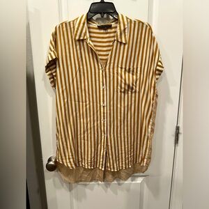 Mustard yellow and white striped short sleeve button down top